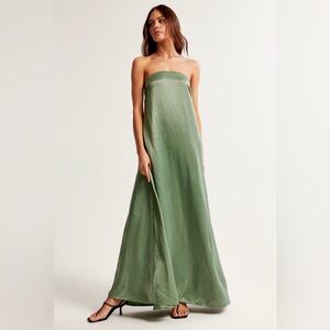 Abercrombie & Fitch Strapless Olive Green Satin Maxi Dress